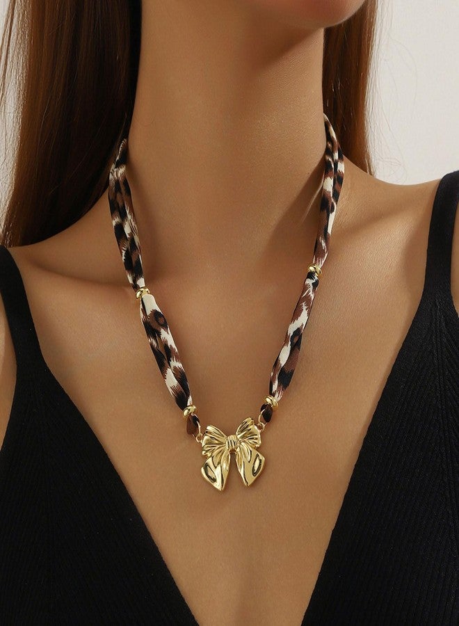TACBSP Scarf Necklace with Charm for Women Leopard Scarf Charm Necklace Vintage Bow Heart Cross Leopard Necklaces Boho Layered Pearl Coin Necklaces Summer Jewelry Gift (D) - Image 2